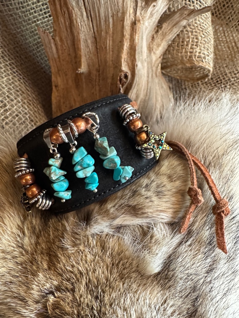 OOAK Turquoise Stones and Black Leather Cuff Bracelet with Copper Bead Accents